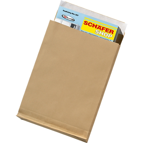 A brown envelope with a brochure sticking out, bearing the words "SCHAFER SHOP".