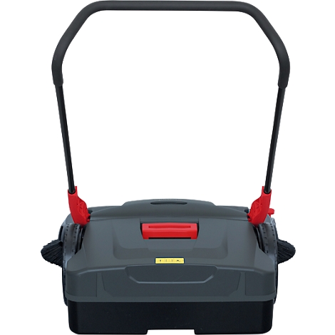 Dark gray sweeper with black handle and red accents. The product is shown in detail.