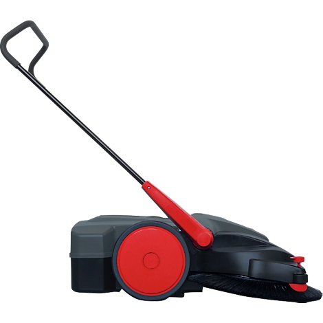 Black sweeper with red wheel and handle, on a white background.