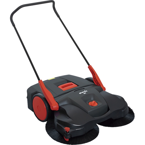 Black and red sweeper with handle and rotating brushes.