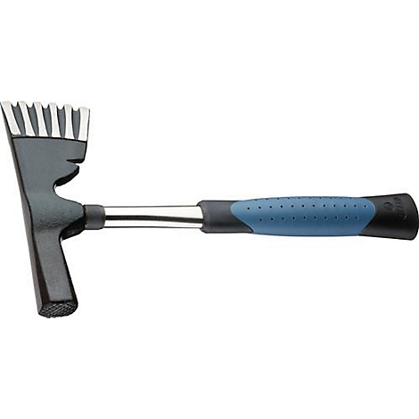 Un marteau avec une tête noire et une poignée bleue fixée à une tige métallique.