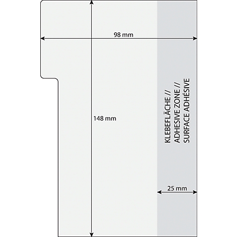 Detaillierte Ansicht eines Etiketts. Es zeigt Abmessungen, darunter 98 mm Breite, 148 mm Höhe und eine Klebefläche von 25 mm.