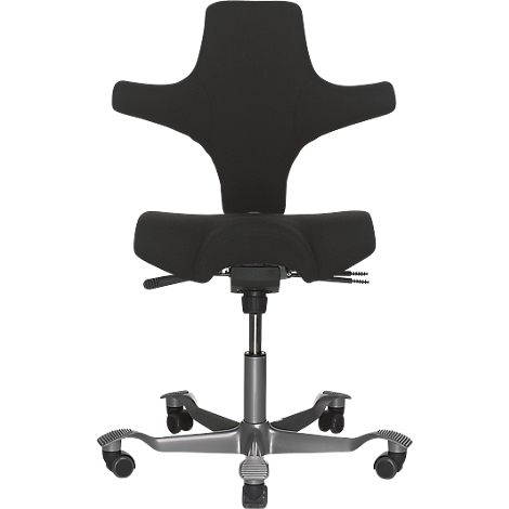 Black office chair, ergonomically shaped, on grey base, high backrest.