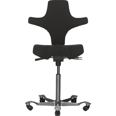 Black office chair, ergonomically shaped, with castors and height-adjustable seat. Wing-shaped backrest.