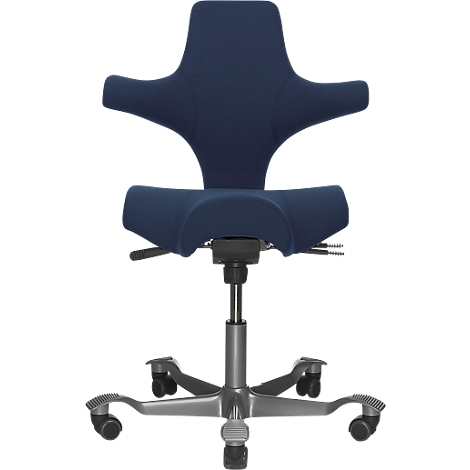 Blue ergonomic office chair, front view, with curved backrest and seat, on wheels.