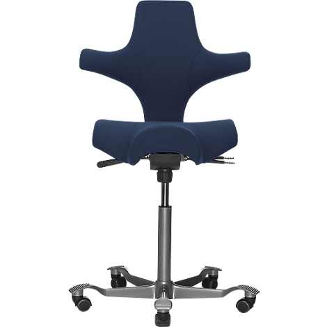 Ergonomic office chair in dark blue. The chair has an unusual shape with wings, a backrest, a seat, and a silver frame.