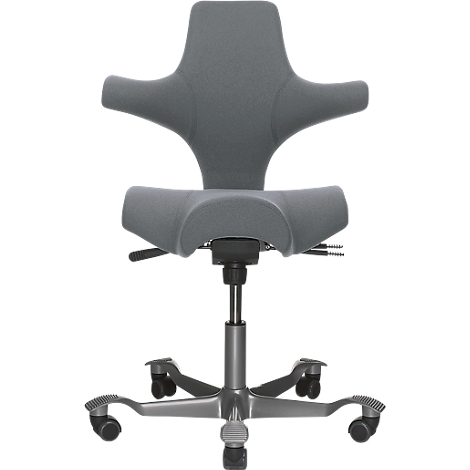 A gray office chair with an unusual back and seat. It has a metallic base with rollers.