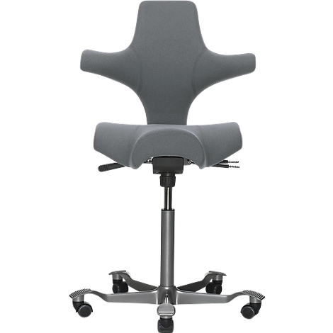 Gray office chair with curved backrest and seat. On castors, height adjustable.