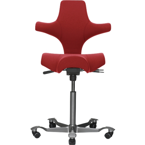Red ergonomic office chair with curved backrest, armrests and five castors. Metal frame.