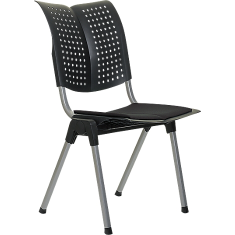 Black chair with silver legs. The backrest is perforated, the seat is padded with a black cushion.