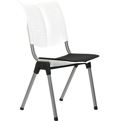 Chair with white, perforated backrest and black seat. Gray metal legs and frame, black feet.