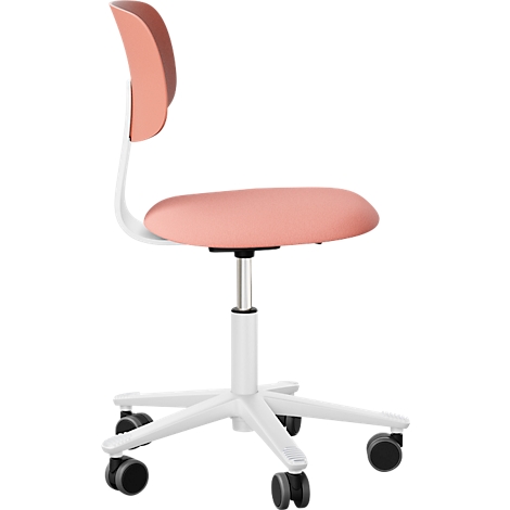 Bürostuhl mit rosa Sitzfläche und Rückenlehne, weissem Rahmen und Rollen auf einem weissen Untergestell.