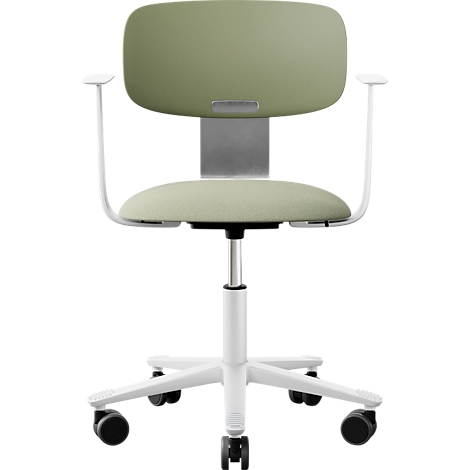 Chaise de bureau avec dossier et assise vert clair. Le cadre et les accoudoirs sont blancs.