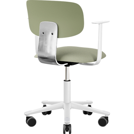 Chaise de bureau avec cadre blanc, assise et dossier verts, support dorsal argenté et accoudoir.