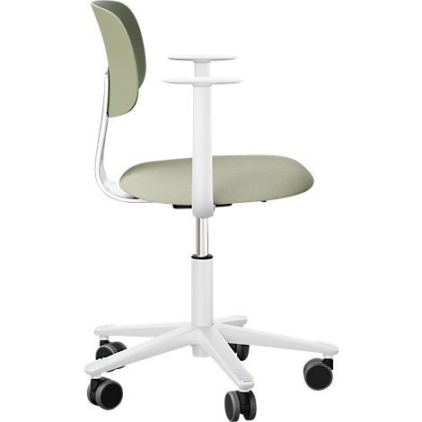 Chaise de bureau, dossier et assise verts, cadre blanc. Plan rapproché de l'arrière.