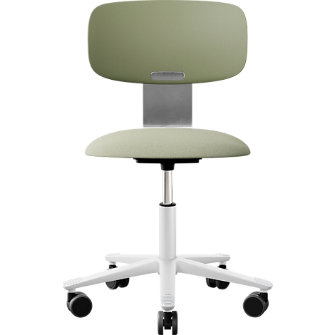 Chaise de bureau moderne avec dossier et assise vert clair, cadre blanc avec roulettes.
