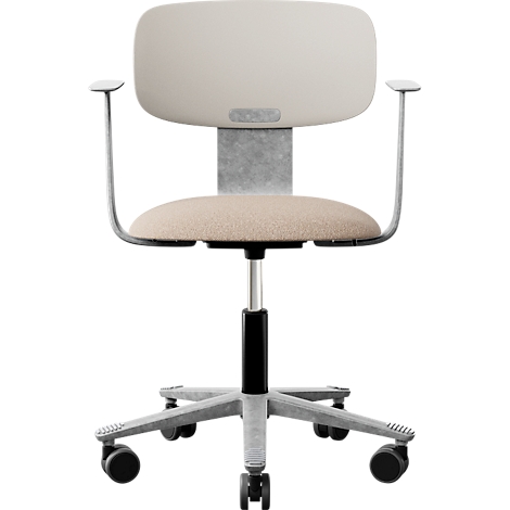 Chaise de bureau beige avec des éléments gris. La chaise a des accoudoirs et repose sur des roulettes.