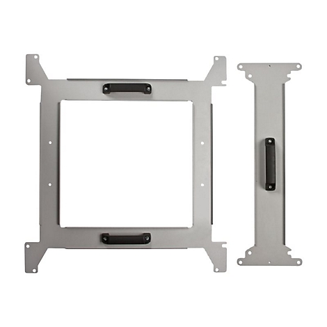 Zwei Metallhalterungen, eine quadratisch mit Griffen, eine länglich. Schraublöcher und rechteckige Aussparungen sind vorhanden.