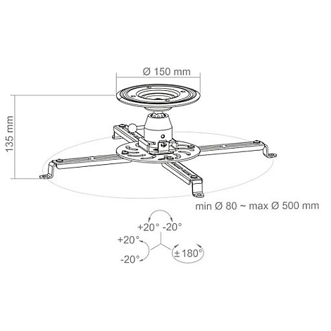 Technische Zeichnung einer Projektorhalterung. Maße und Winkel sind angegeben.