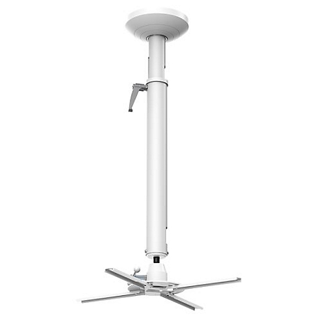 Weißer Deckenprojektorhalterung, bestehend aus einer Deckenplatte, einem Teleskoprohr und einer Halterung für den Projektor.