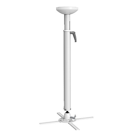 Weißer Deckenprojektorhalter mit rundem Teller, Säule und Standfuß. An der Säule ist ein Hebel angebracht.