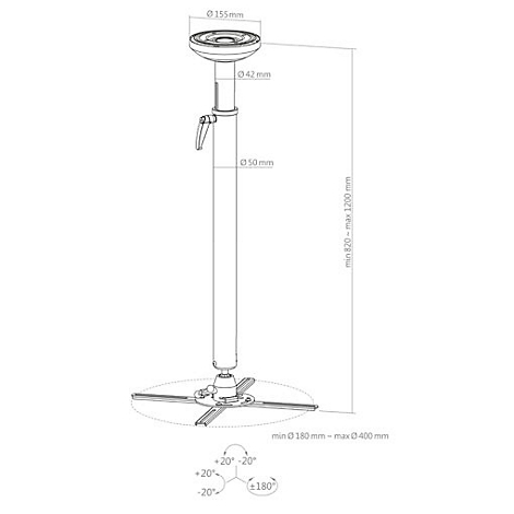 Technische Zeichnung eines Projektorständers mit Maßangaben in Millimetern.