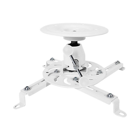 Weißer Projektorhalter, dreiteilig, mit Schrauben und Justierungen.