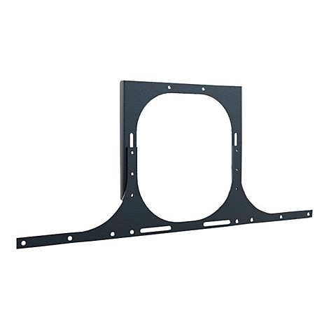 Schwarze Metallhalterung für eine Wandmontage. Rechteckige Form mit Aussparung.