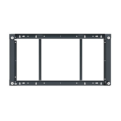 Dunkelgrauer Metallrahmen mit drei rechteckigen Aussparungen. Kleine Löcher für die Befestigung sind erkennbar.