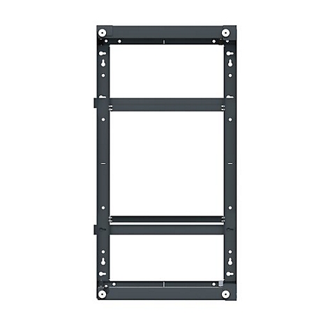 Grauer Metallrahmen mit drei Querstreben und Befestigungslöchern vor weißem Hintergrund.