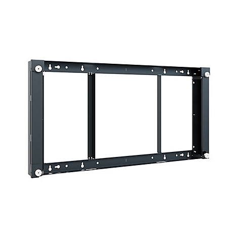 Dunkelgrauer Metallrahmen für eine Wandmontage. Rechteckig, mit Löchern und Abstandshaltern.