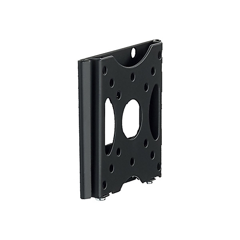 Schwarze Metallhalterung mit Löchern und ovalen Aussparungen, vor weißem Hintergrund.