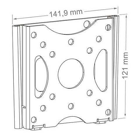 Draufsicht einer Metallplatte mit Bohrungen und Abmessungen: 141,9 mm x 121 mm.