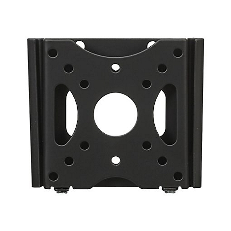 Schwarze Metallhalterung mit Löchern und Schlitzen. Unten zwei Schrauben zur Befestigung.