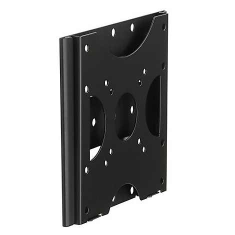 Support mural TV noir avec divers trous et découpes, en détail.