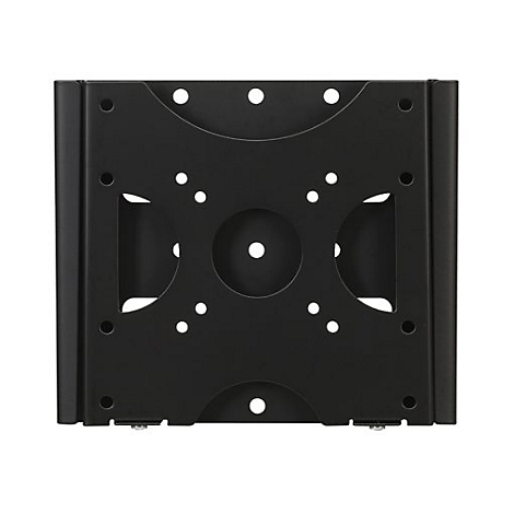 Schwarze TV-Wandhalterung, quadratisch, mit verschiedenen Löchern und Aussparungen.