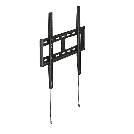 Schwarze TV-Wandhalterung, Metallkonstruktion mit Kabeln, isoliert auf weißem Hintergrund.