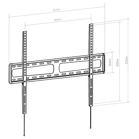Schwarz-weiße Zeichnung einer TV-Halterung, mit Maßen. Die Halterung hat zwei vertikale und eine horizontale Schiene.