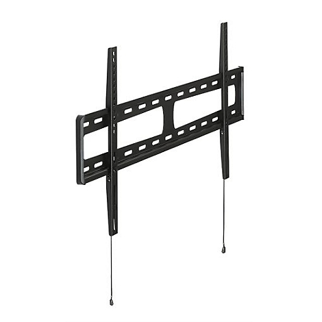 Schwarze TV-Halterung. Zwei vertikale Träger, verbunden durch horizontale Metallstreben, Schrauben und Stahlseile.