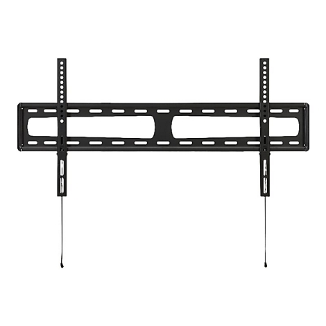 Schwarze TV-Wandhalterung, bestehend aus horizontaler Halterung mit Löchern und zwei vertikalen Schienen.