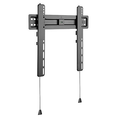 Schwarze TV-Wandhalterung, Detailansicht. Mit langen Stangen und Seilen, die an der Halterung befestigt sind.