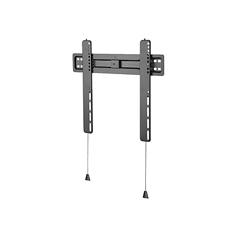 Un support de télévision noir avec câbles et cônes sur fond blanc.