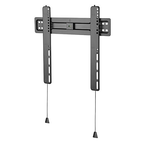 Support mural TV noir composé de pièces métalliques horizontales et verticales. Deux cordes avec des gouttes au bout.