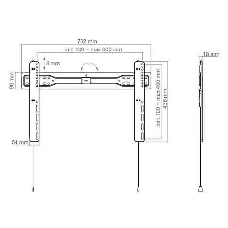 Technische Zeichnung einer TV-Halterung, mit Maßangaben. Gezeigt werden Abmessungen wie 702 mm, 100-600 mm, 436 mm und 18 mm.