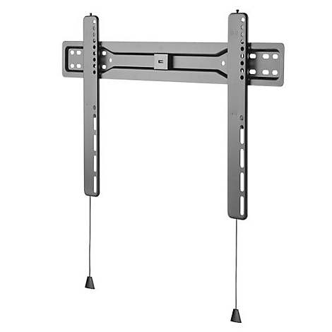 Graue TV-Wandhalterung mit zwei vertikalen Schienen, die durch eine horizontale Schiene verbunden sind. An den Schienen hängen dünne Kabel mit Konen.