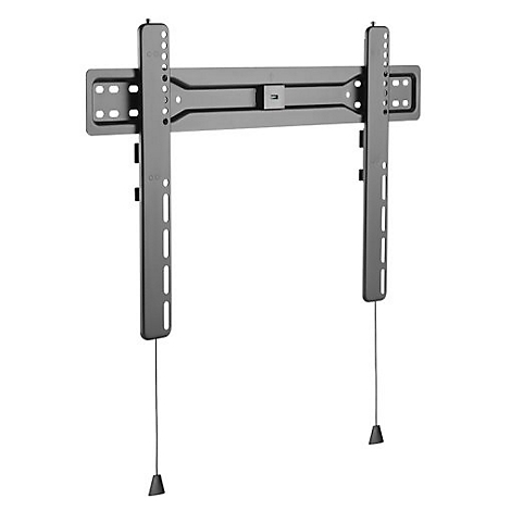 Graue TV-Wandhalterung, Frontalansicht. Mit langen senkrechten Halterungen und Seilen.