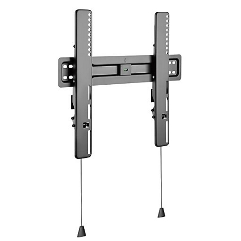 Schwarze TV-Wandhalterung, bestehend aus zwei vertikalen und einem horizontalen Element mit zwei herunterhängenden Schnüren.