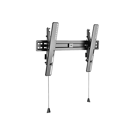 Support mural TV noir, composé de deux colonnes avec suspensions et une partie centrale. Des cordes avec des embouts sont suspendues aux colonnes.