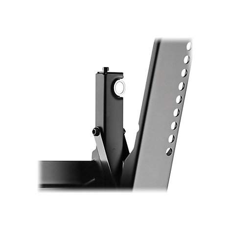 Vue détaillée d'un support TV noir, avec des trous et des ouvertures rondes. Le support s'étend dans le cadre.