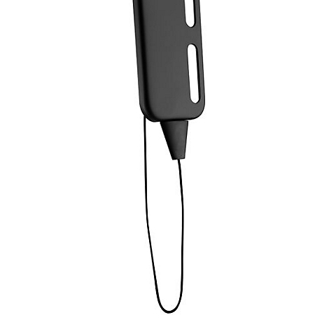 Detailaufnahme eines schwarzen Smartphone-Case mit Handschlaufe. Am Gehäuse ist eine Schlaufe angebracht.